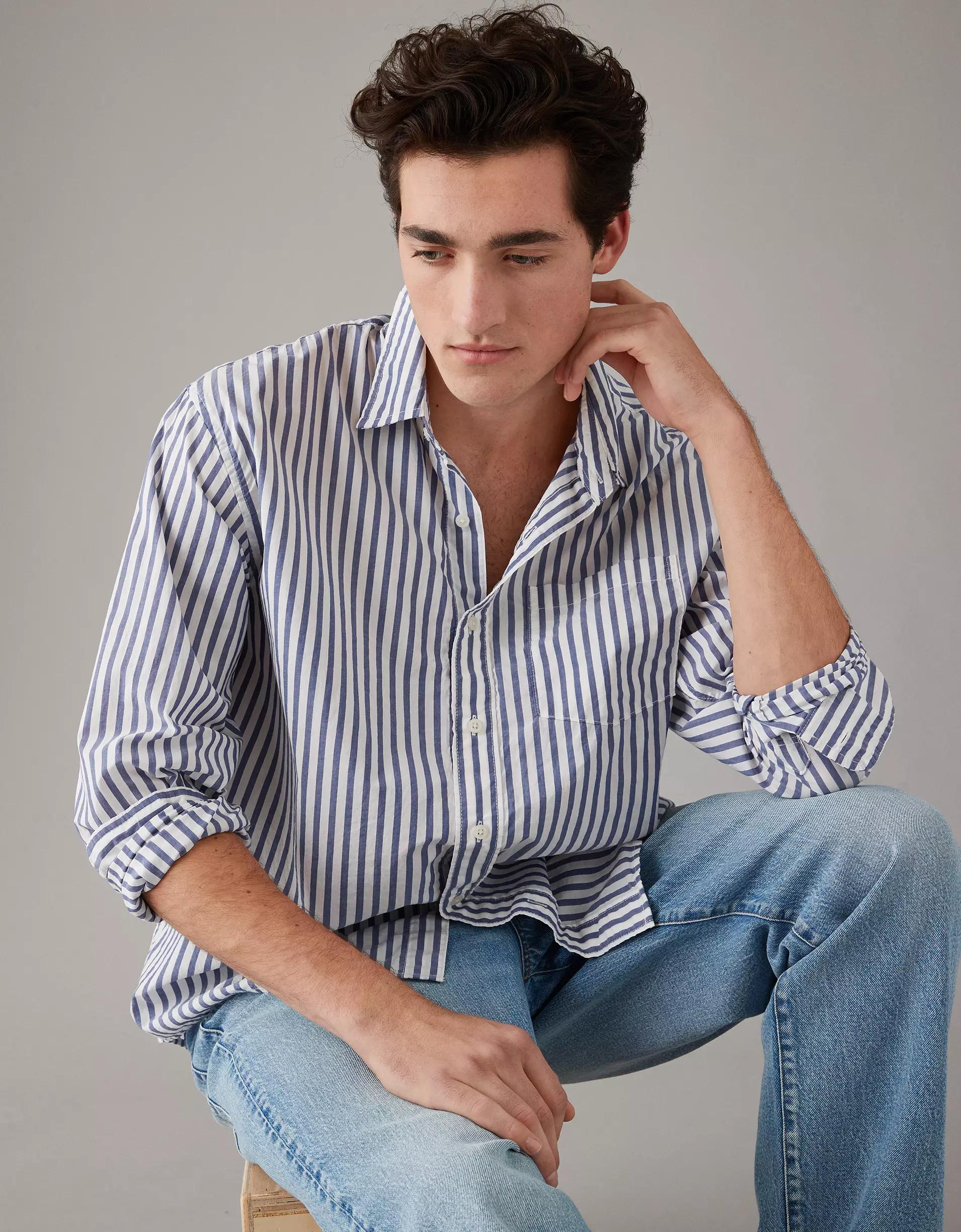 AE Everyday Poplin Striped Button-Up Shirt Product Image