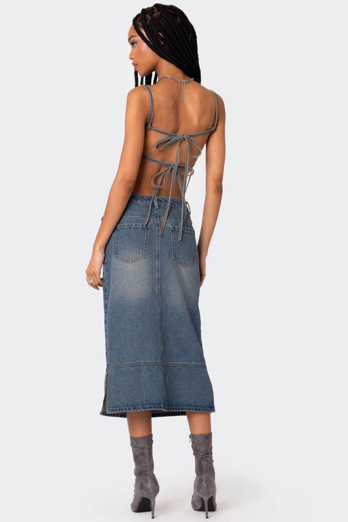 Lassy Washed Denim Midi Skirt Product Image