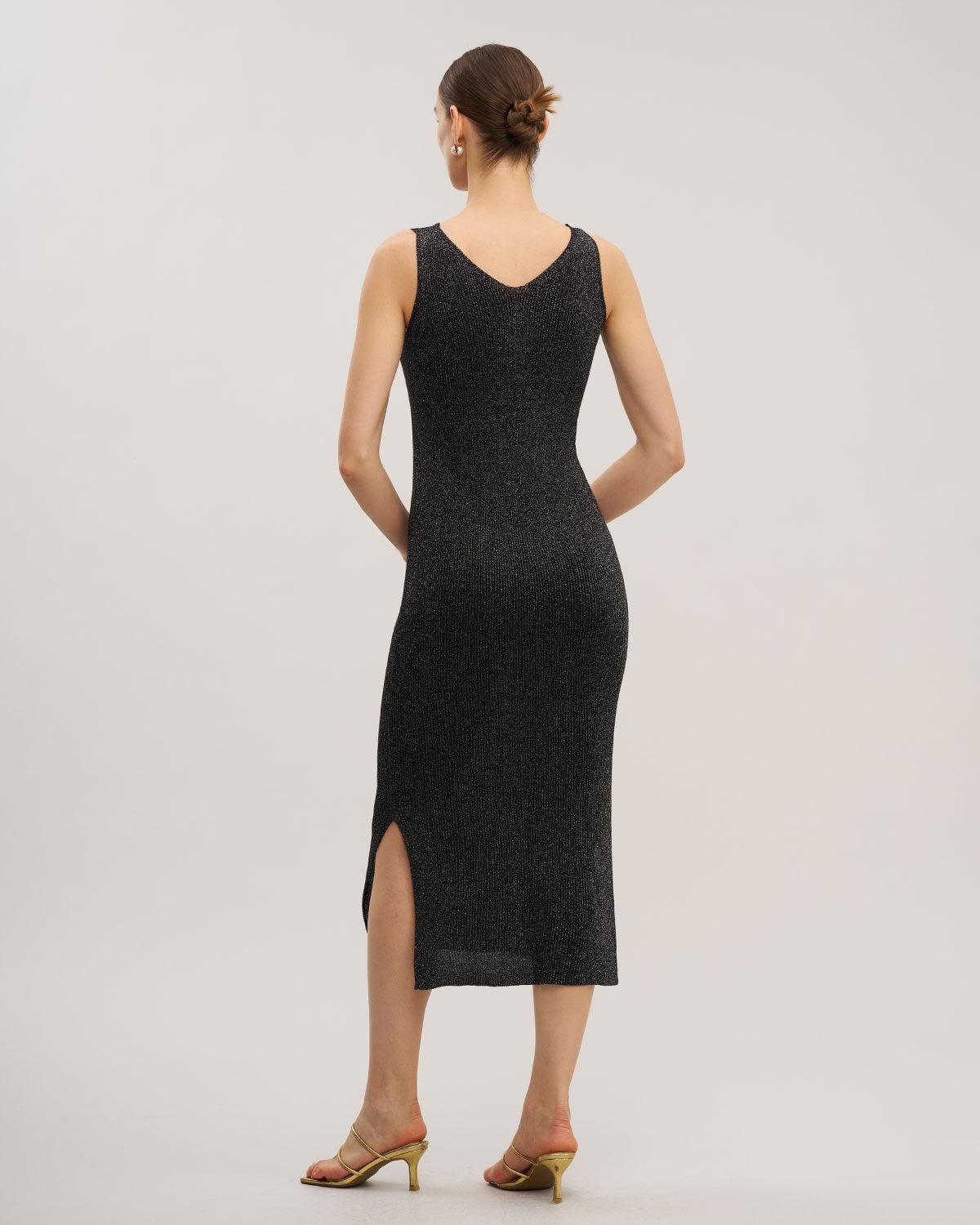 Black Bodycon Sleeveless Slit Midi Dress Product Image