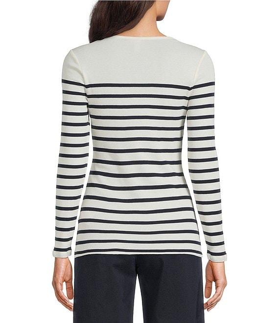 Lauren Ralph Lauren Petite Size Yarn-Dyed Ribbed Knit Stripe Crew Neck Long Sleeve Tee Product Image
