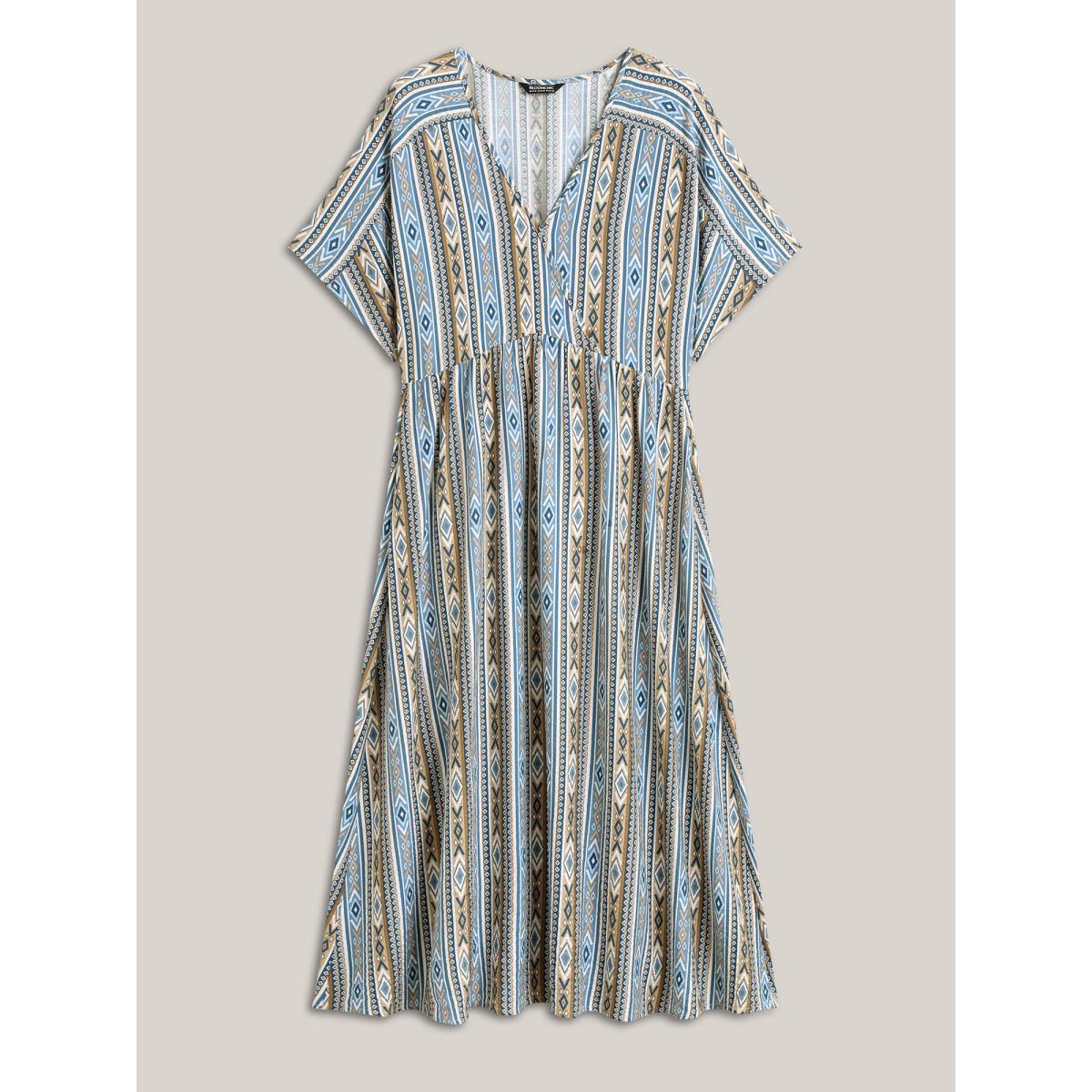 Plus Size Boho Stripes Rayon Pockets Maxi Dress Stone Women Overlap Collar Short sleeve Curvy BloomChic 14-16/1X Product Image