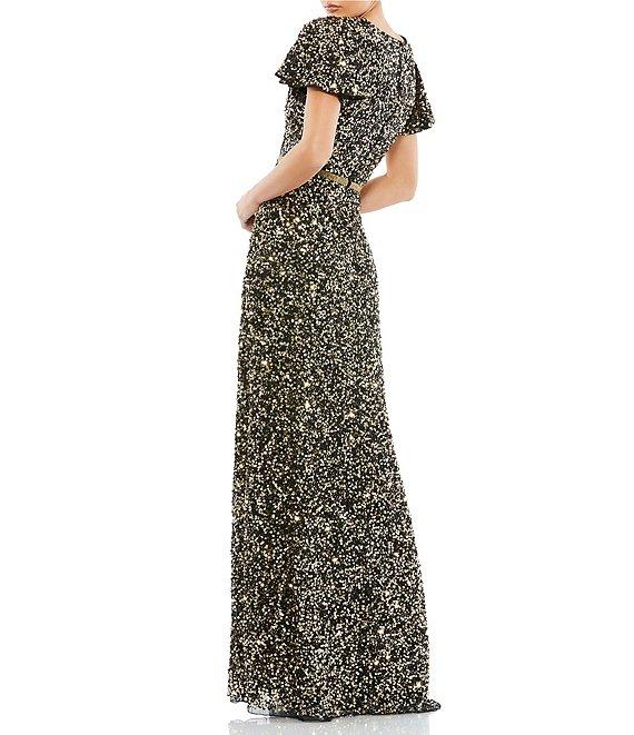Mac Duggal Sequin V-Neck Short Flutter Sleeve Front Slit Gown Product Image