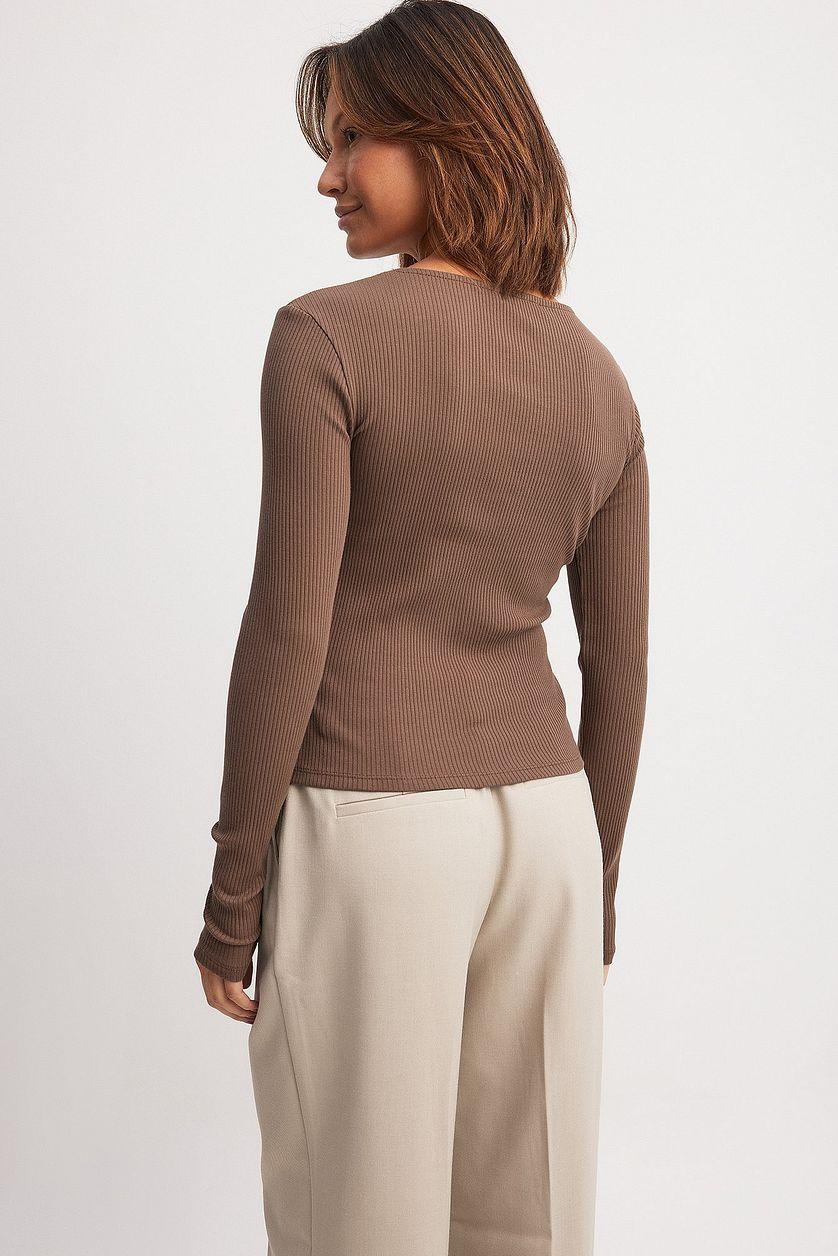 V-Neck Ribbed Long Sleeve Top Product Image