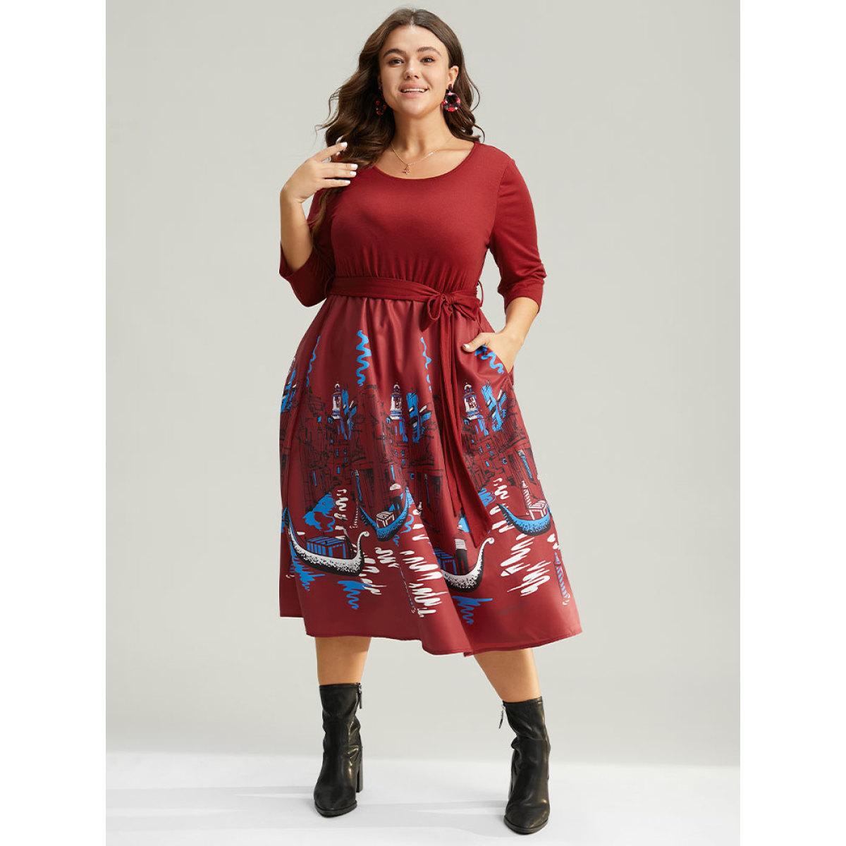Plus Size Boho Print Patchwork Belted Gathered Dress Scarlet Women Office Printed Round Neck Elbow-length sleeve Curvy Midi Dress BloomChic 12/L Product Image