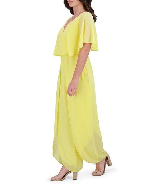 Kensie Chiffon Surplice V-Neck Short Flutter Sleeve Ruffle Overlay Wide Leg Jumpsuit Product Image