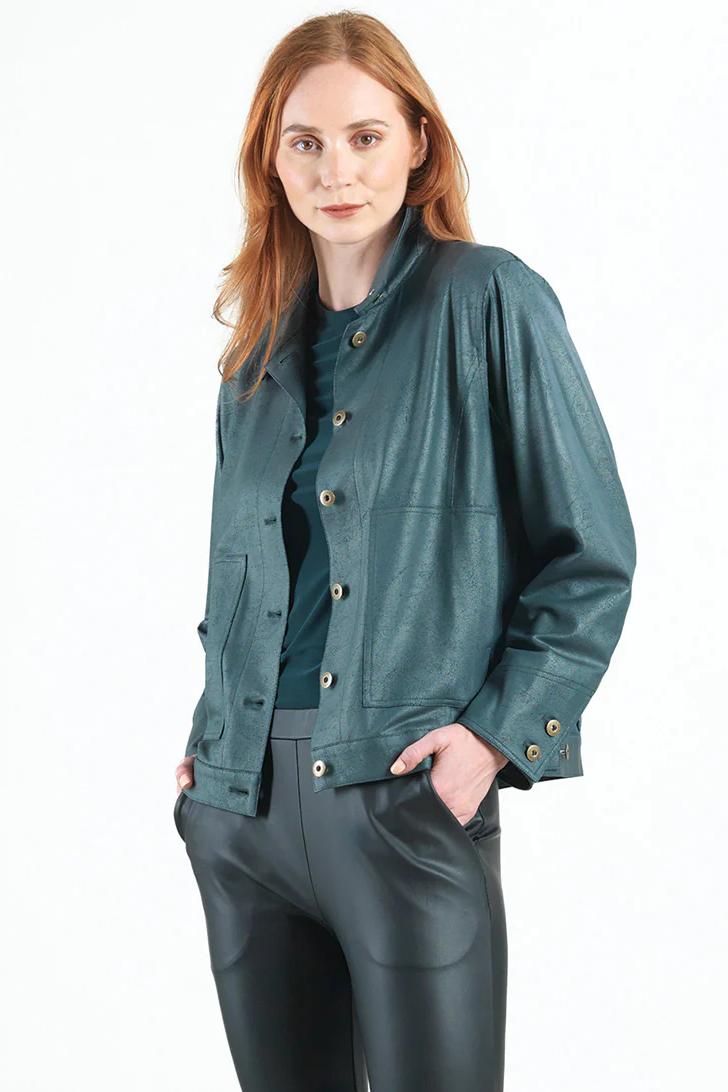 Liquid Leather Button Front Jacket W/ Large Pockets Product Image