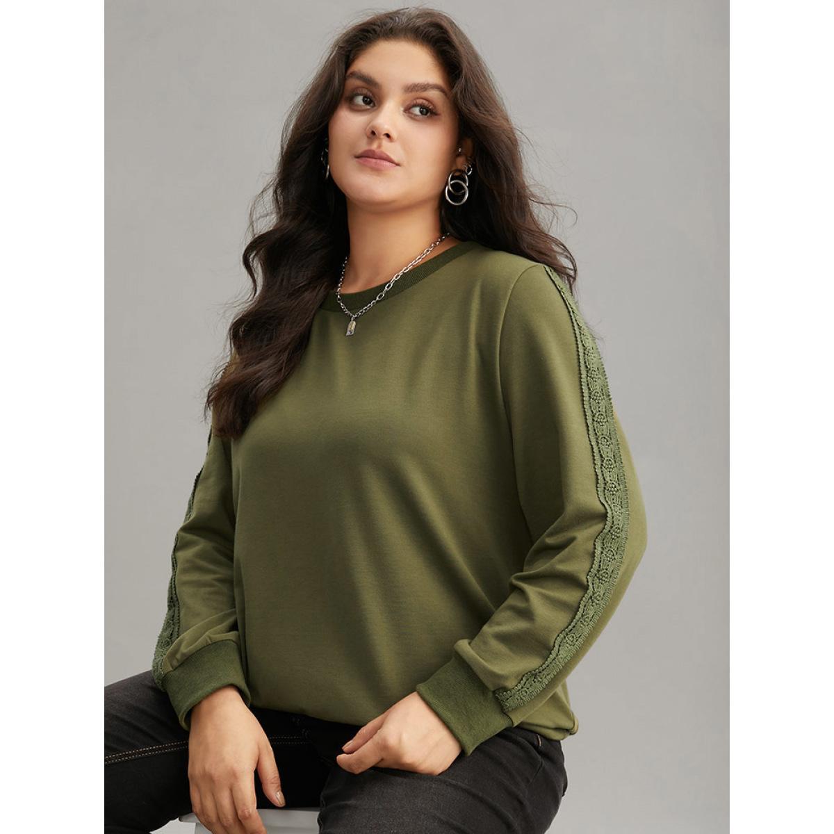 Plus Size Guipure Lace Solid Elastic Hem Sweatshirt Women Olive Elegant Rib Knit Round Neck Dailywear Sweatshirts BloomChic 28/5X Product Image