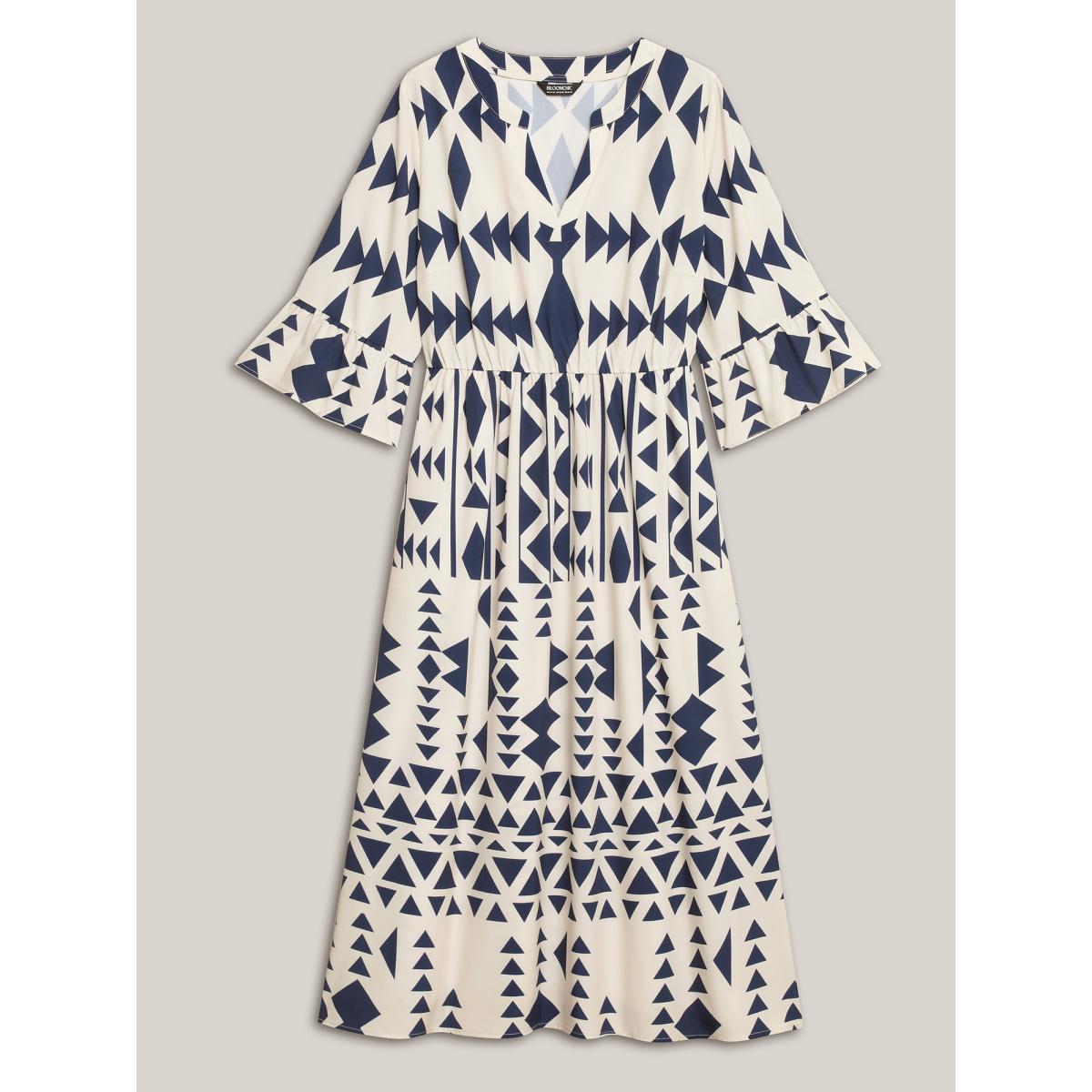 Plus Size Geometric Print Stretchy Waist Pockets Maxi Dress Beige Women Resort Ruffles Flat collar with V-notch Elbow-length sleeve Curvy BloomChic 12/L Product Image