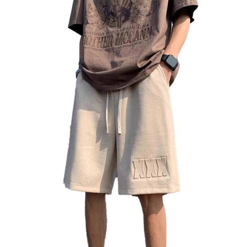 Drawstring Waist Lettering Embossed Faux Suede Wide Leg Sweat Shorts Product Image