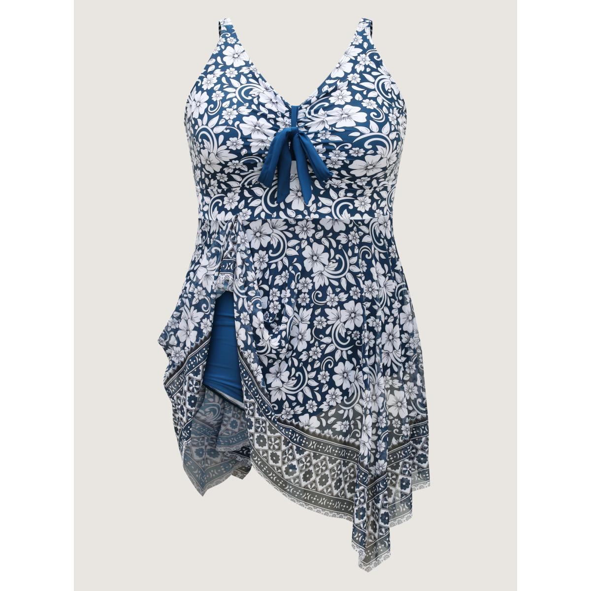 Plus Size Floral Handkerchief Hem Flowy Swim Dress Women's Swimwear Aegean Resort Bodycon V-neck High stretch Curve Swim Dresses BloomChic 14-16/1X Product Image