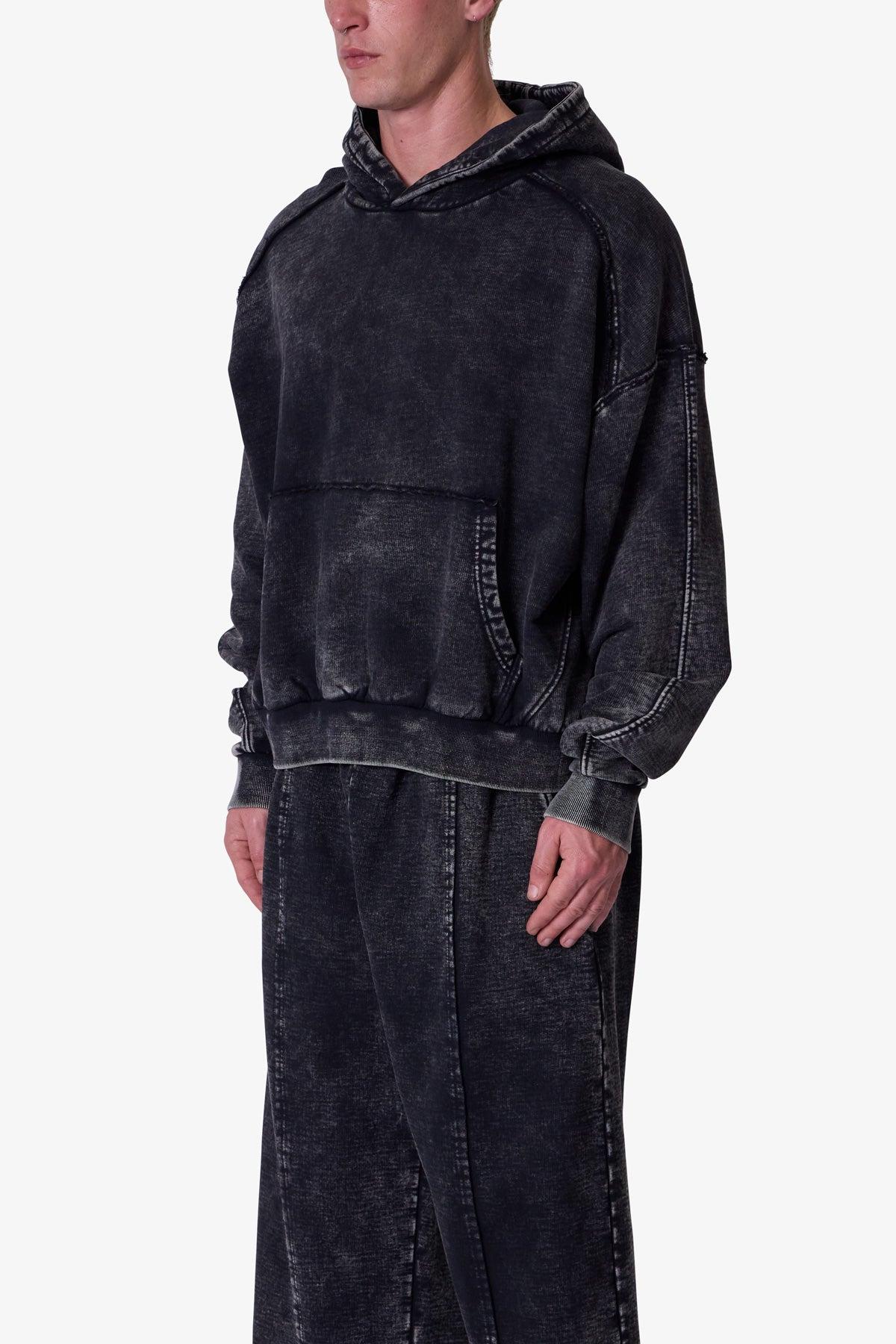 Frayed Seam Acid Wash Hoodie - Black Product Image