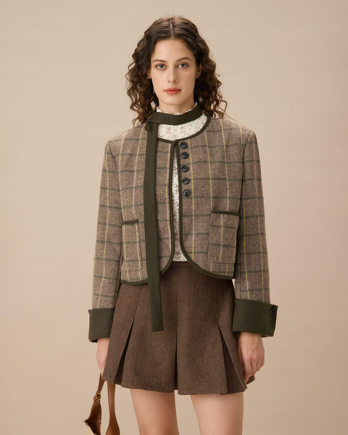 Brown Striped Pleated Mini Skirt Product Image