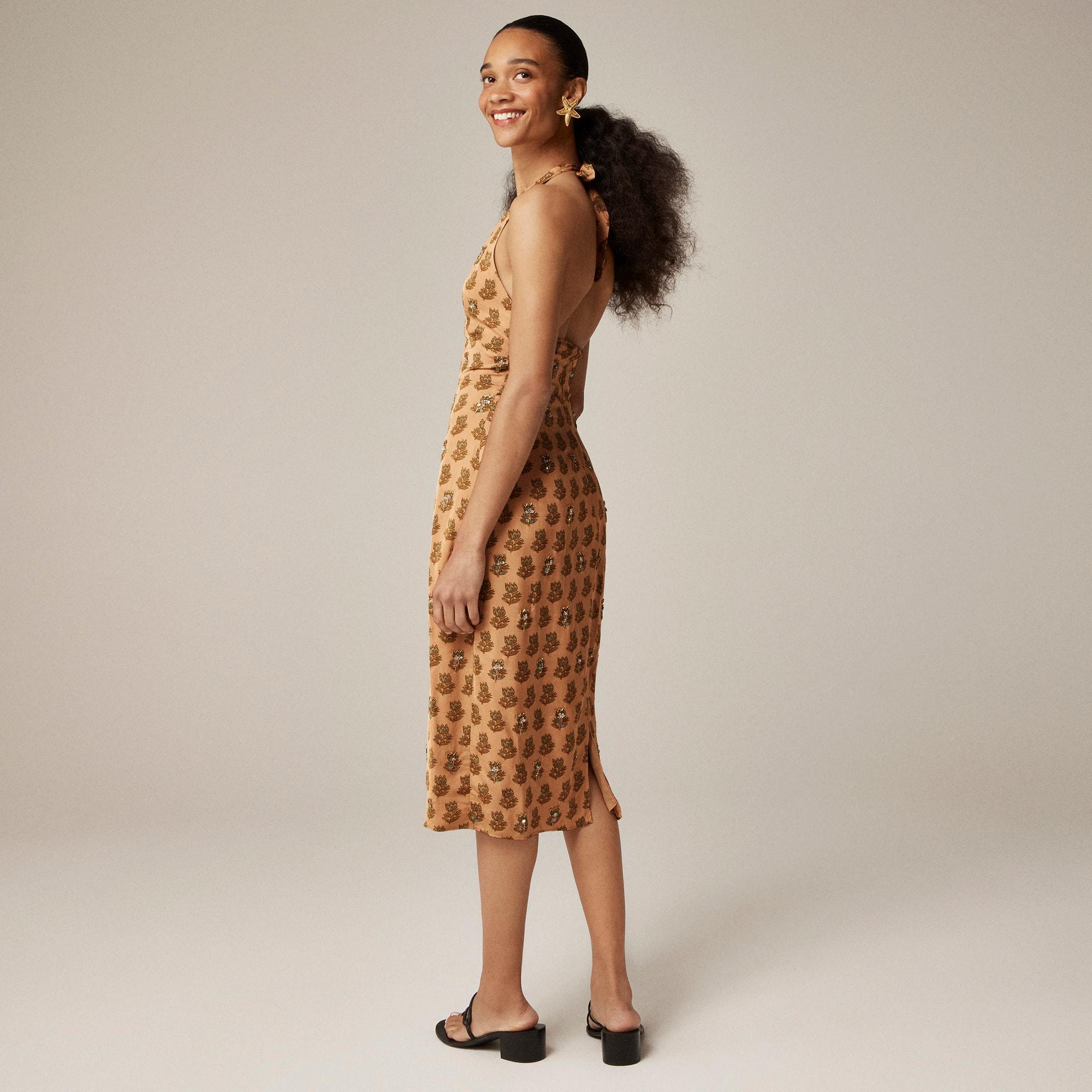 Collection embellished halter dress in tonal tulip block print Product Image