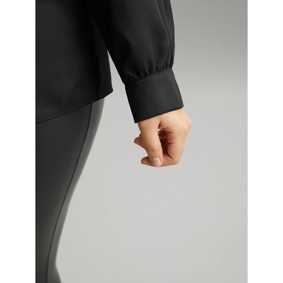 Plus Size Black Twill Rhinestone Contrast Webbing Button Through Blouse Women Glamour Long Sleeve Shirt collar Going out Blouses BloomChic 12/L Product Image