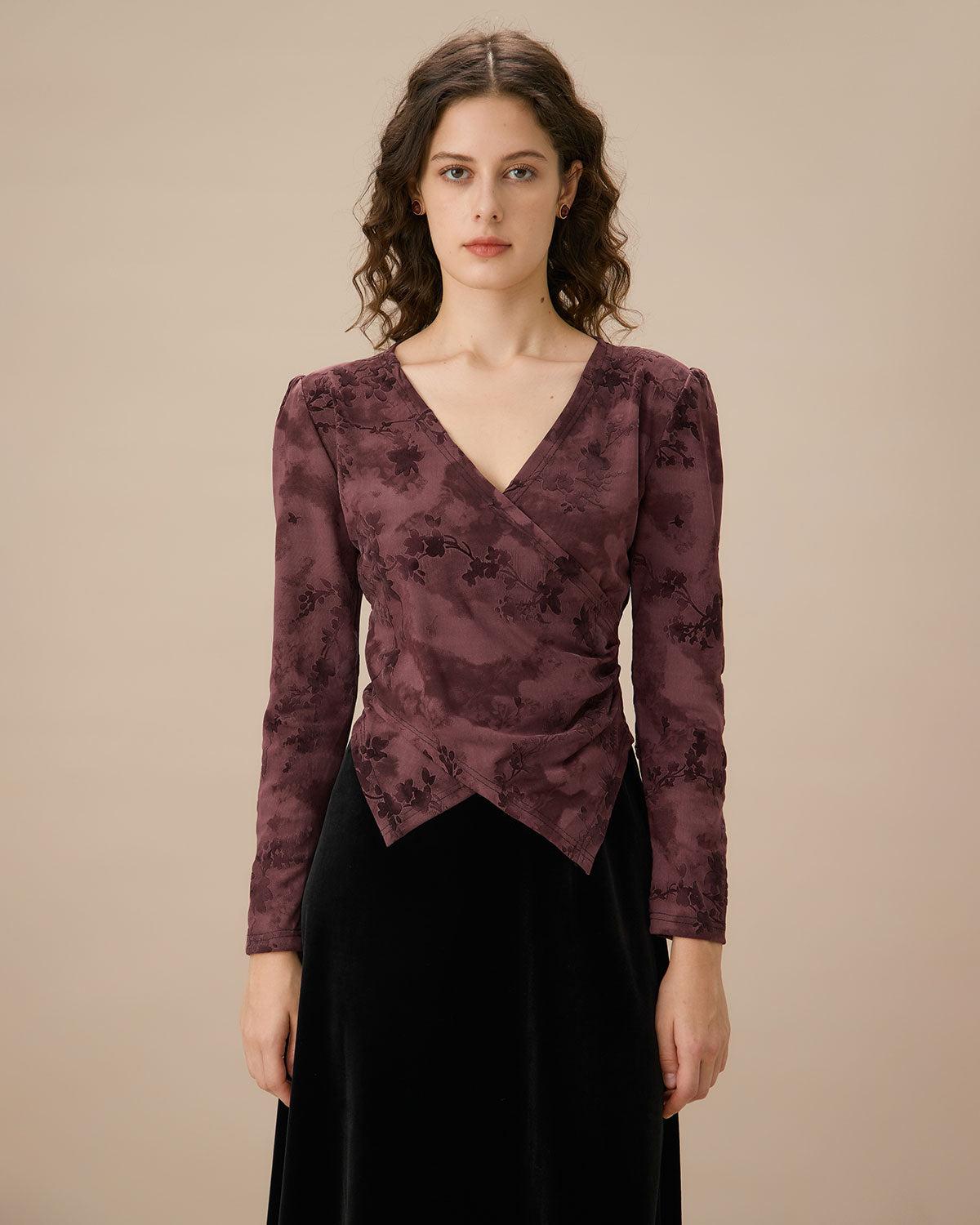Purple Floral Ruched Wrap Tee Product Image