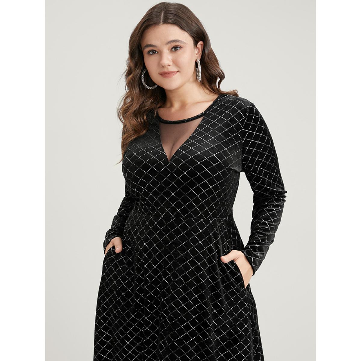 Plus Size Plaid Glitter Mesh Insert Pocket Velvet Dress Black Women Party Velvet Round Neck Long Sleeve Curvy Midi Dress BloomChic 30/6X Product Image