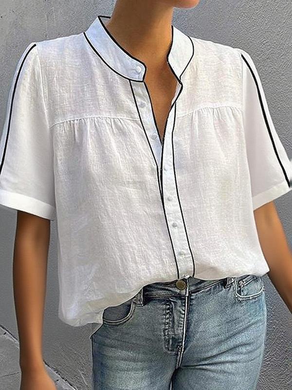 Loose Short Sleeves Buttoned Contrast Color Blouses&Shirts Tops Product Image