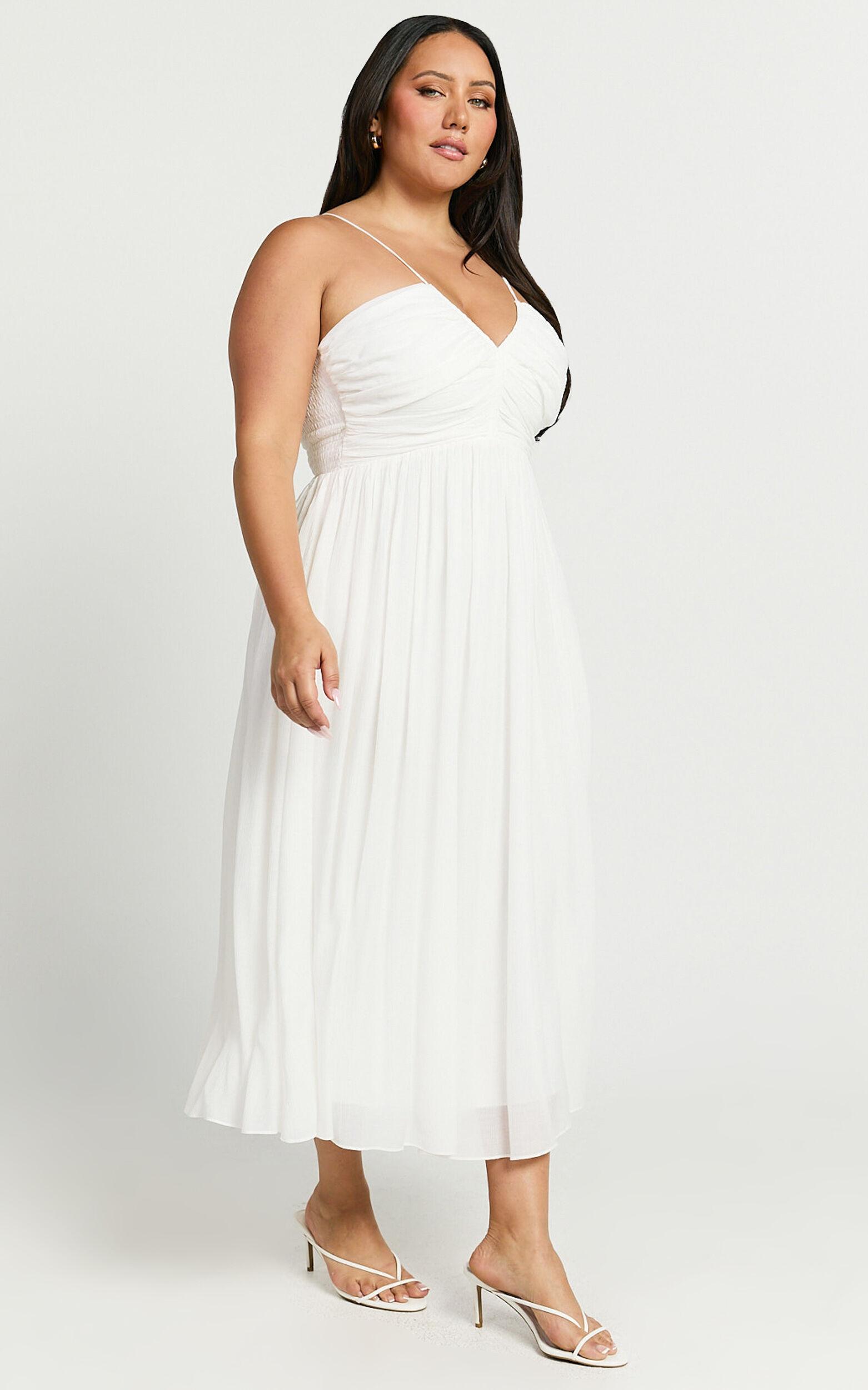 Roza Midi Dress - Ruched Bodice Dress in White Product Image