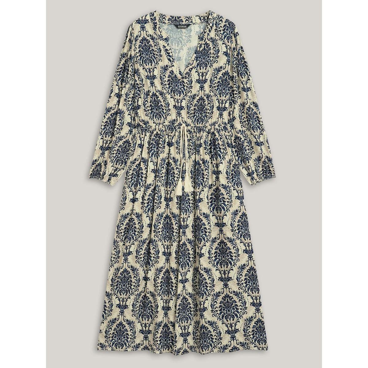 Plus Size Boho Print Notched Tie Knot Maxi Dress DarkBlue Women Boho Tie knot Flat collar with V-notch Long Sleeve Curvy BloomChic 30/6X Product Image