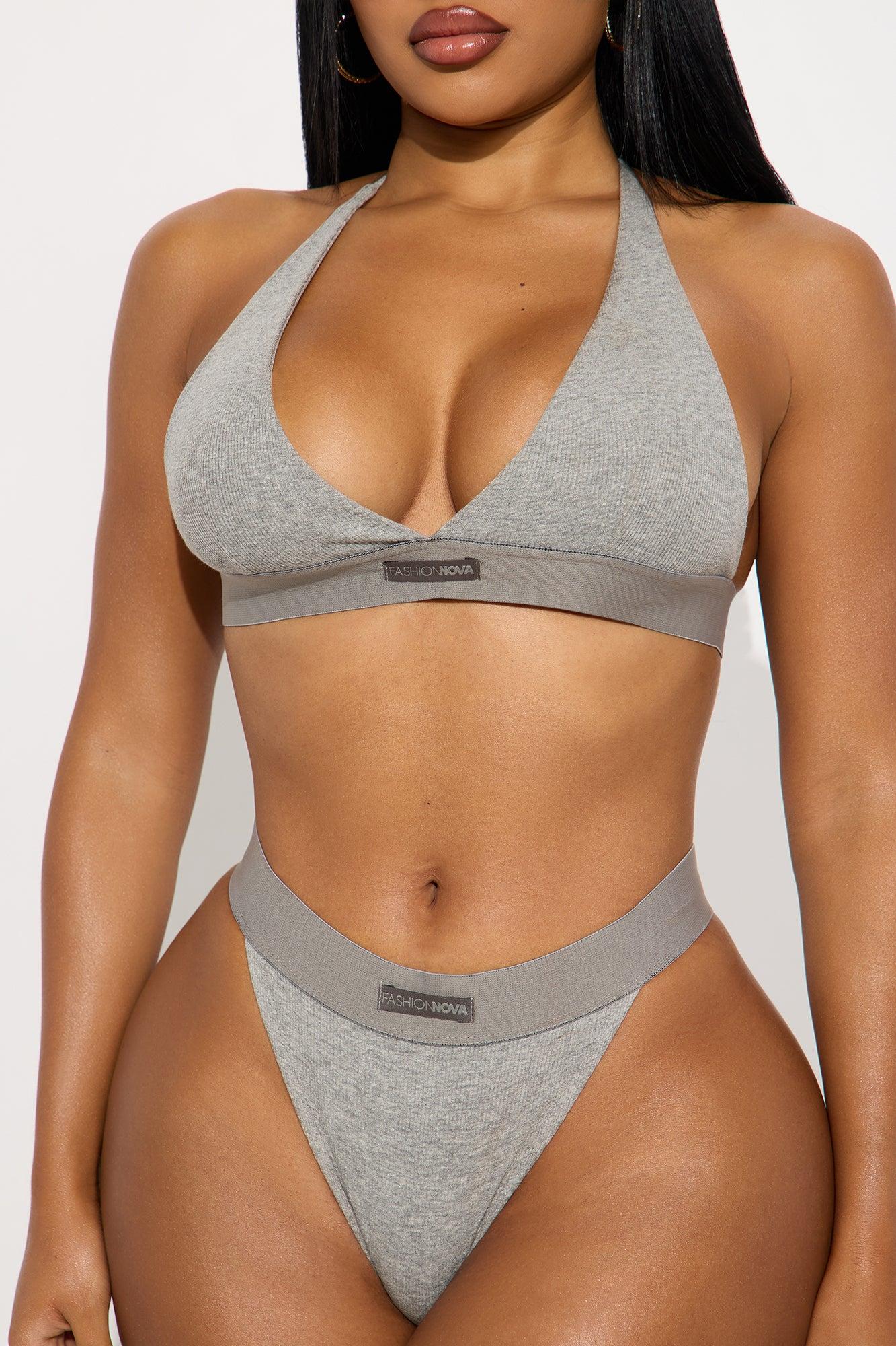 FN Mood Plunge Bra And Thong 2 Piece Cotton Set  - Heather Grey Female Product Image