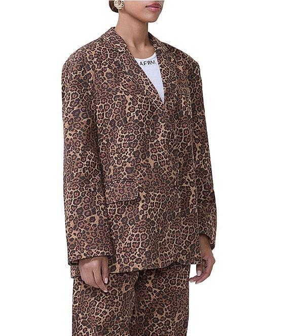 AFRM Joette Denim Leopard Print Notch Collar Neck Long Sleeve Blazer Product Image