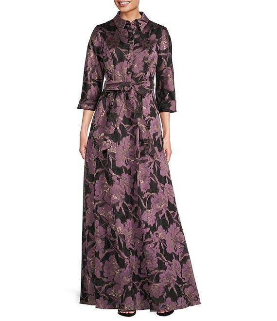 Alex Evenings Collared Neck 3/4 Sleeve Tie Sash Belt Jacquard Ball Gown Product Image