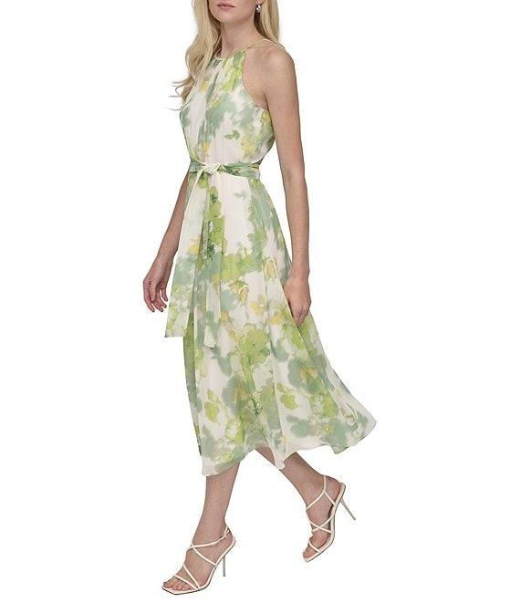 DKNY by Donna Karan Chiffon Floral Print Halter Neck Sleeveless Waist Tie Blouson Midi Dress Product Image