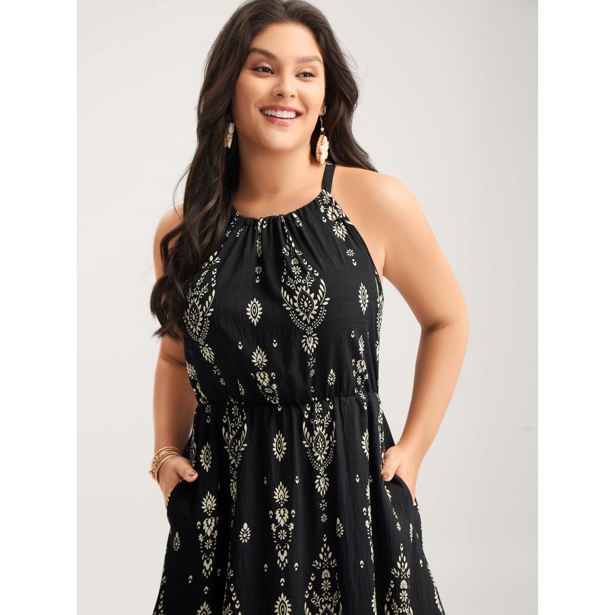 Plus Size Boho Print Halter Neck Pockets Midi Dress Black Women Non Halter neck Sleeveless Curvy BloomChic 12/L Product Image