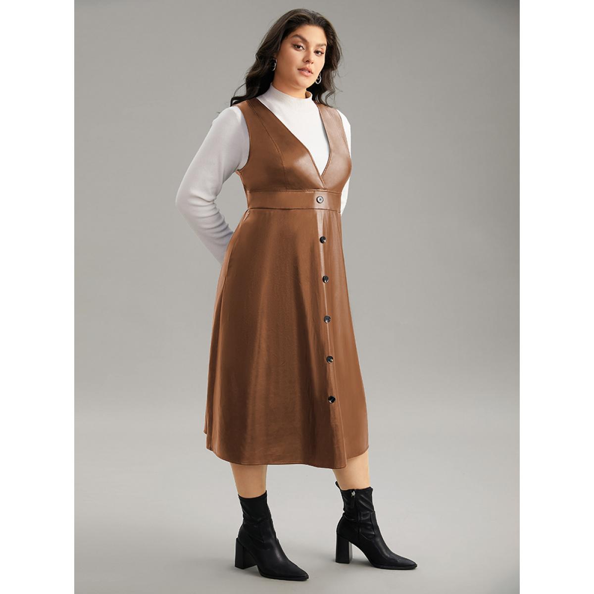 Plus Size PU Leather Sleeveless Button Detail Dress Chocolate Women Office Plain V-neck Sleeveless Curvy Midi Dress BloomChic 10/M Product Image