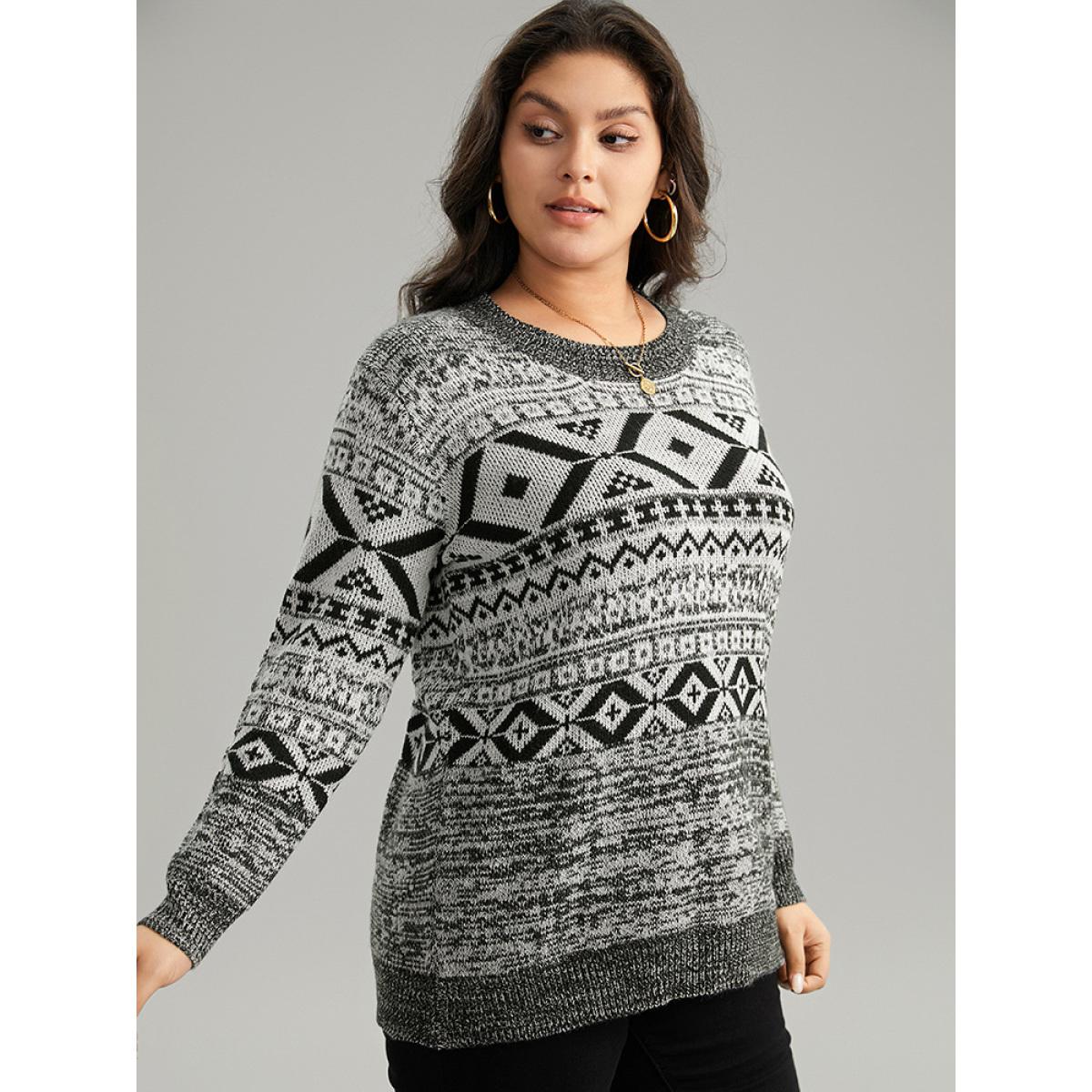 Plus Size Bandana Print Heather Loose Pullover Black Women Casual Loose Long Sleeve Round Neck Dailywear Pullovers BloomChic 12/L Product Image