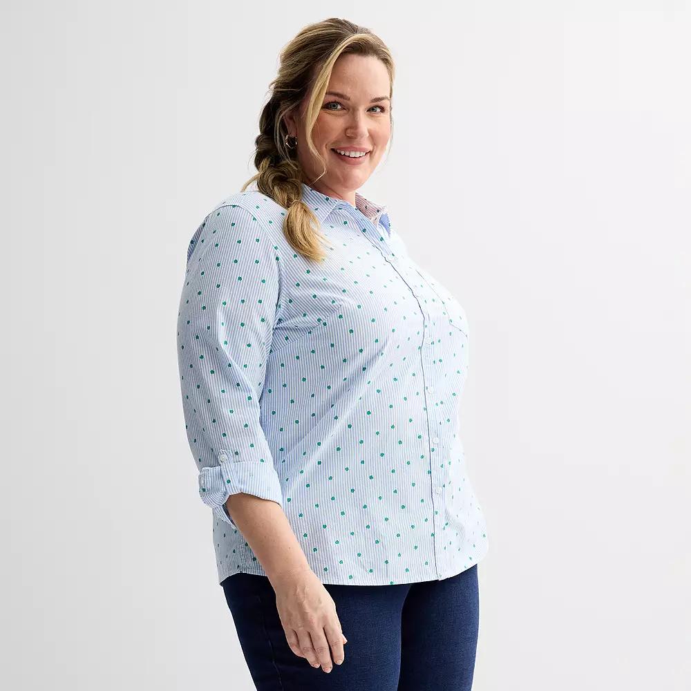 Plus Size Croft & Barrow® Essential One Pocket Button Down Shirt, Women's, Size: 2XL, Shamrock Stripe Product Image