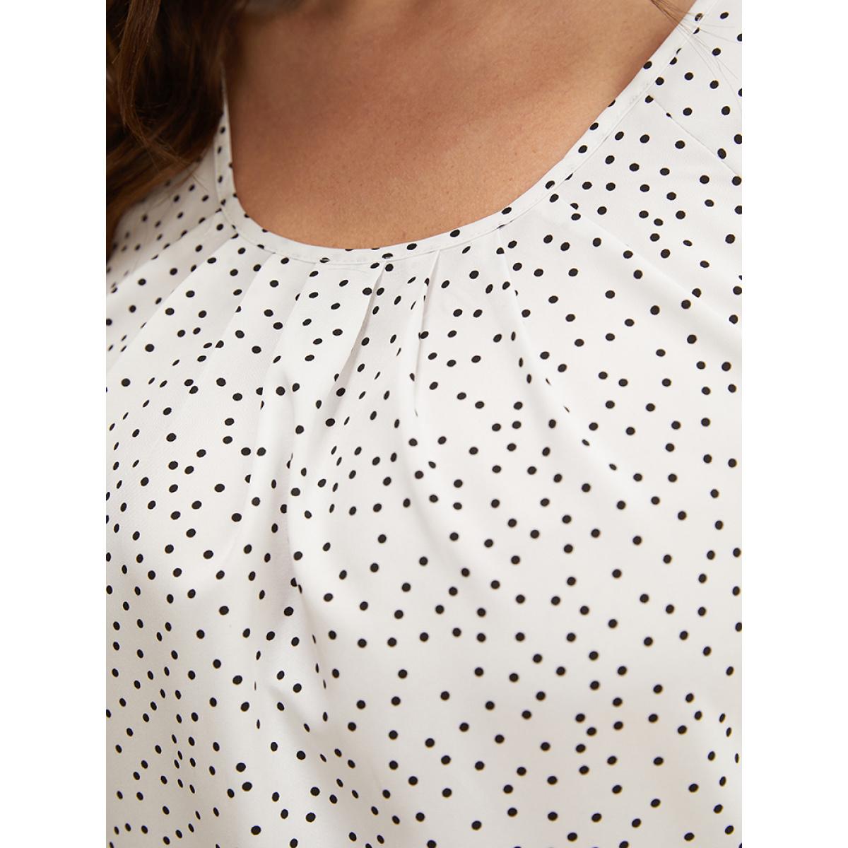 Plus Size White Polka Dot Pleated Round Neck Puff Sleeve Blouse Women Office Short sleeve Round Neck Office Blouses BloomChic 26/4X Product Image