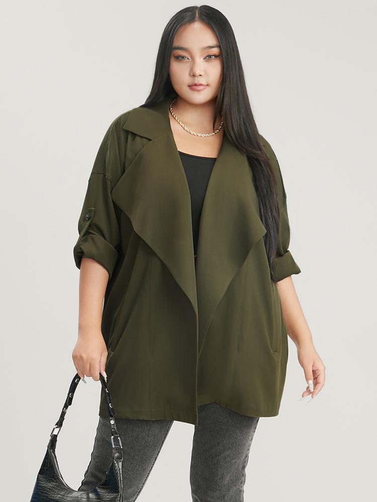 Solid Pocket  Roll Sleeve Waterfall Collar Coat Female Product Image