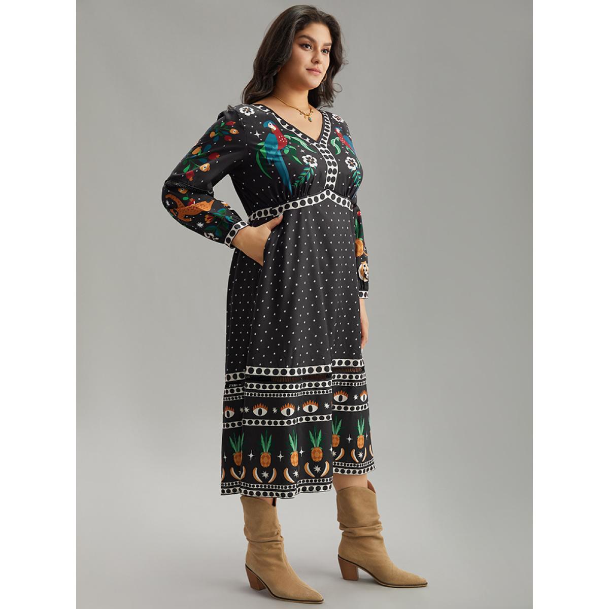 Plus Size Bandana Print Lantern Sleeve Ruffle Hem Dress Black Women Resort Printed V-neck Long Sleeve Curvy Midi Dress BloomChic 14-16/1X Product Image