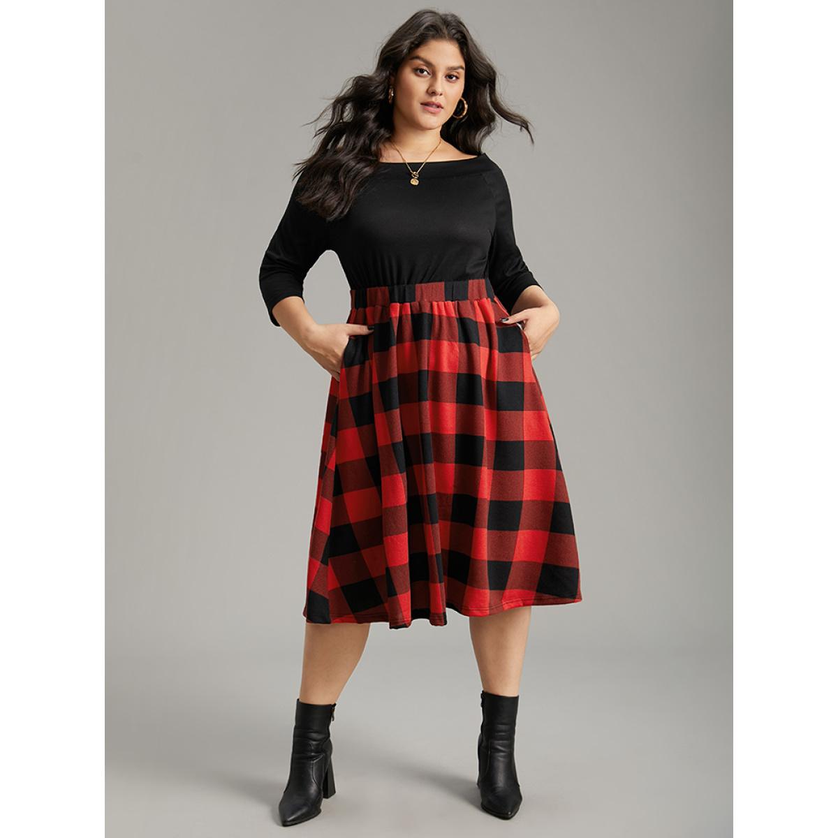 Plus Size Plaid Pocket Boat Neck Patchwork Dress Black Women Elegant Printed Boat Neck Elbow-length sleeve Curvy Midi Dress BloomChic 14-16/1X Product Image