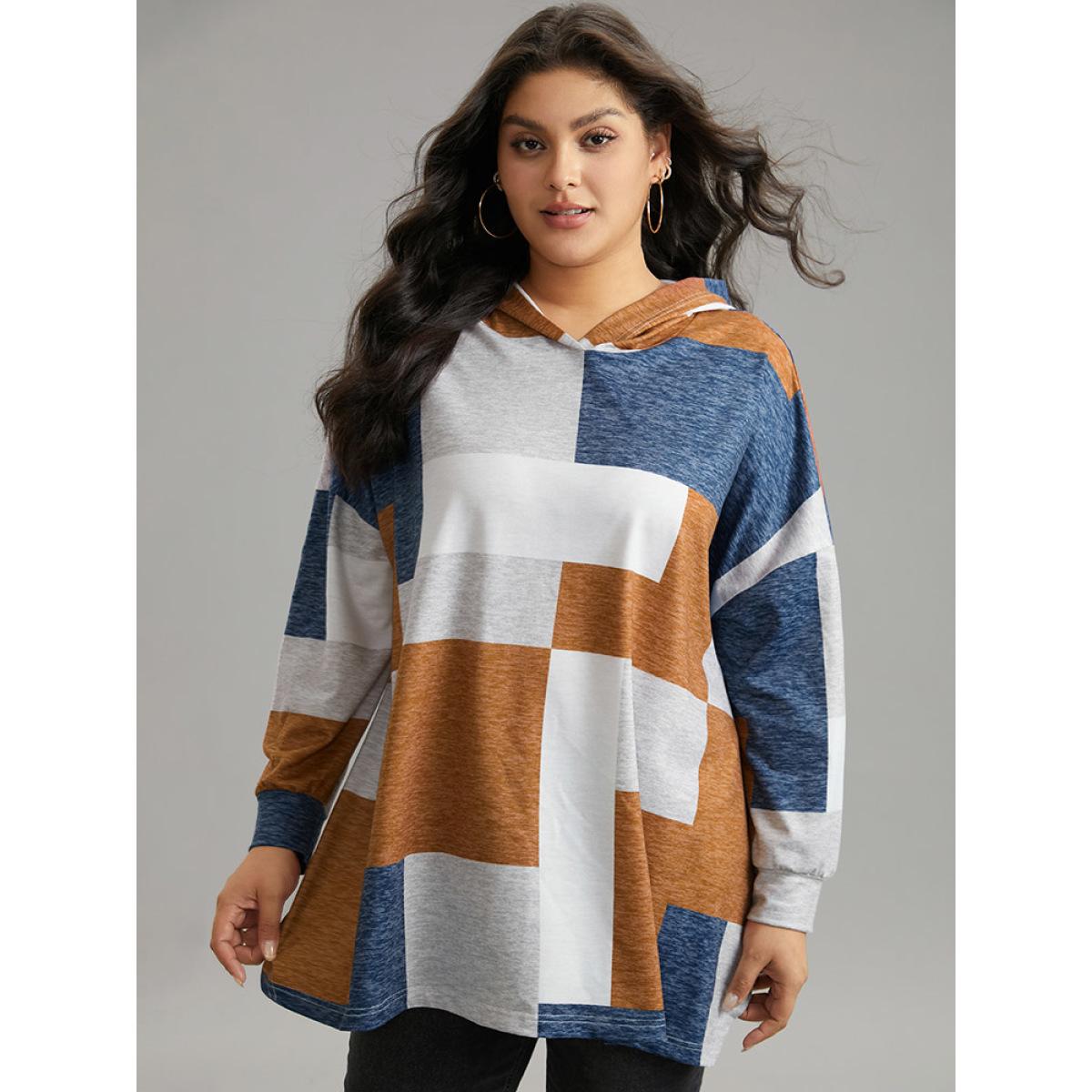 Plus Size Colorblock Contrast Hooded Drop Shoulder Sweatshirt Women Multicolor Casual Contrast Hooded Everyday Sweatshirts BloomChic 14-16/1X Product Image
