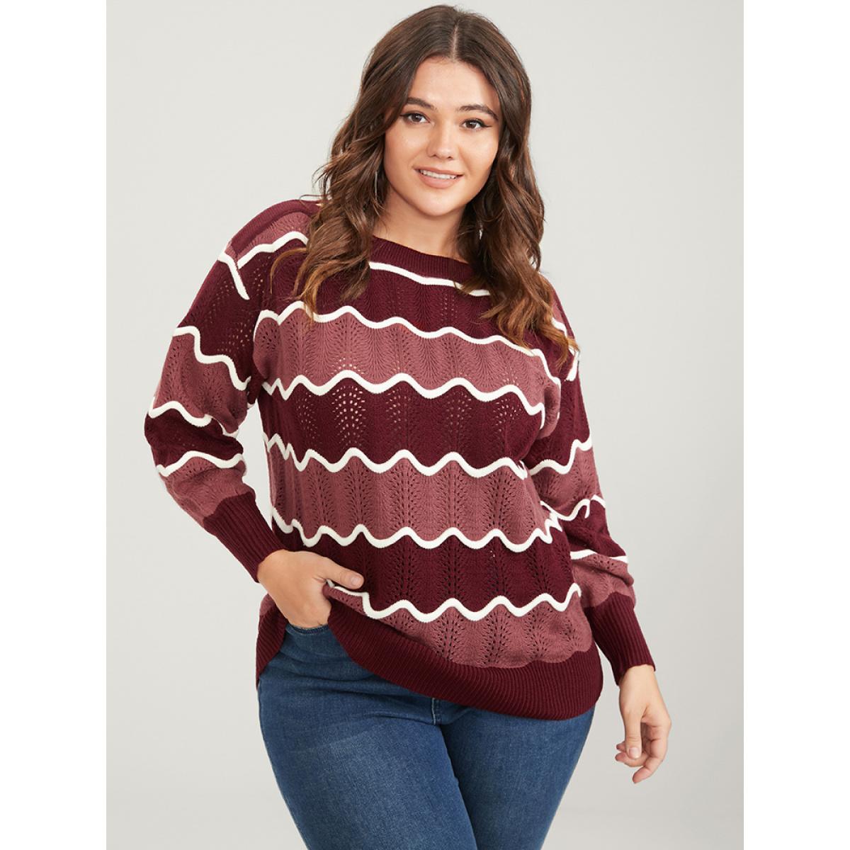 Plus Size Colorblock Contrast Pointelle Knit Water Ripple Knit Top Scarlet Women Elegant Long Sleeve Round Neck Dailywear Pullovers BloomChic 14-16/1X Product Image