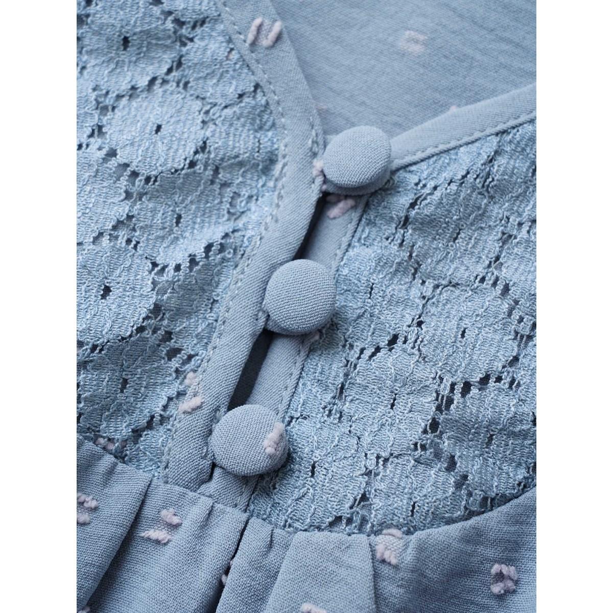 Plus Size Stone Plain Texture Lace Patchwork Lantern Sleeve Blouse Women Elegant Half Sleeve V-neck Everyday Blouses BloomChic 14-16/1X Product Image