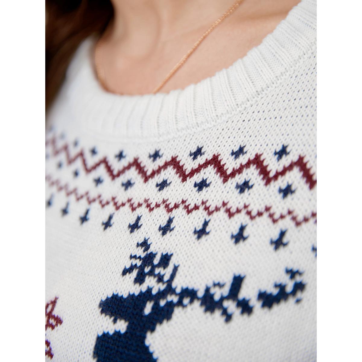 Plus Size Elk & Snowflake Pointelle Knit Round Neck Knit Top Multicolor Women Casual Loose Long Sleeve Dailywear Pullovers BloomChic 28/5X Product Image