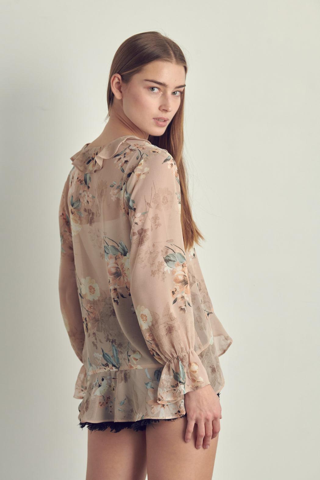 Ruffle Detail Long Sleeve In Chiffon Floral Print Product Image