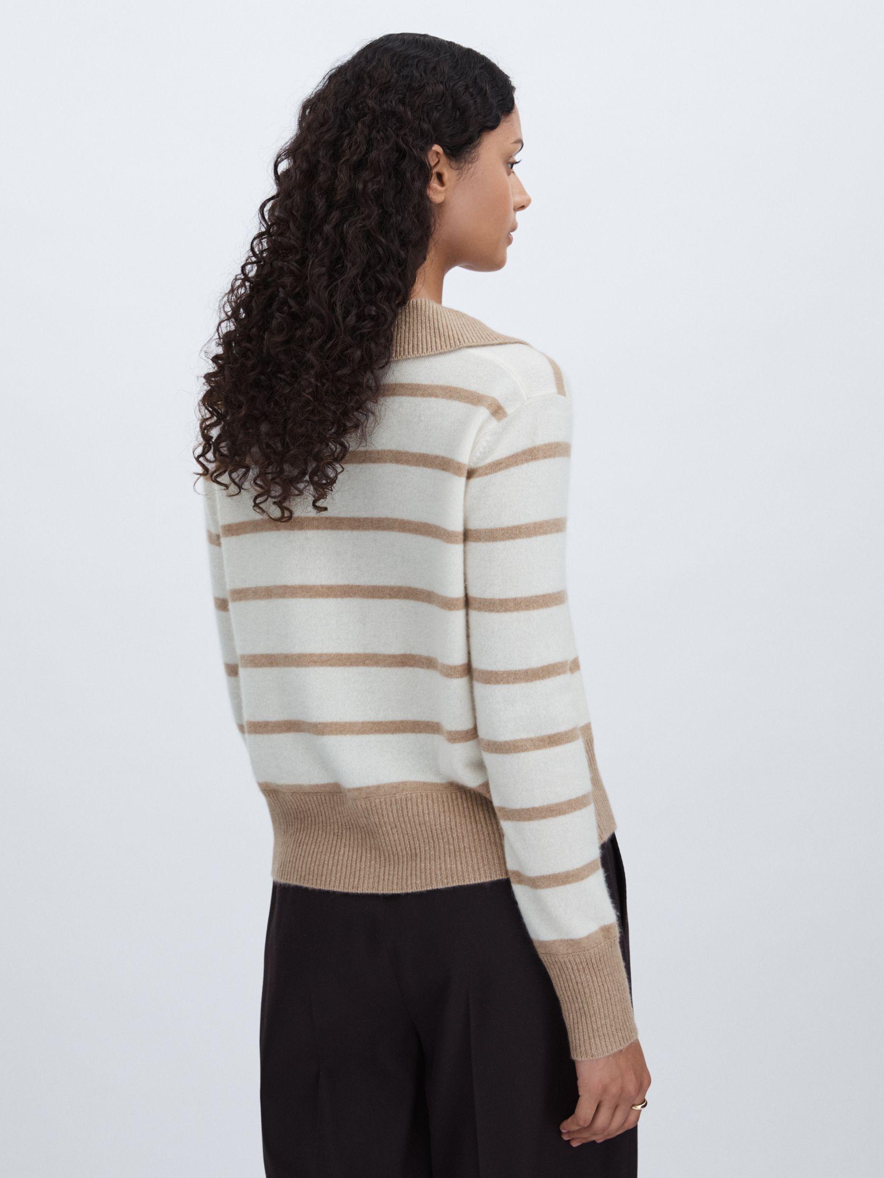 Cashmere Open Collar Striped Jumper in White/Beige Product Image