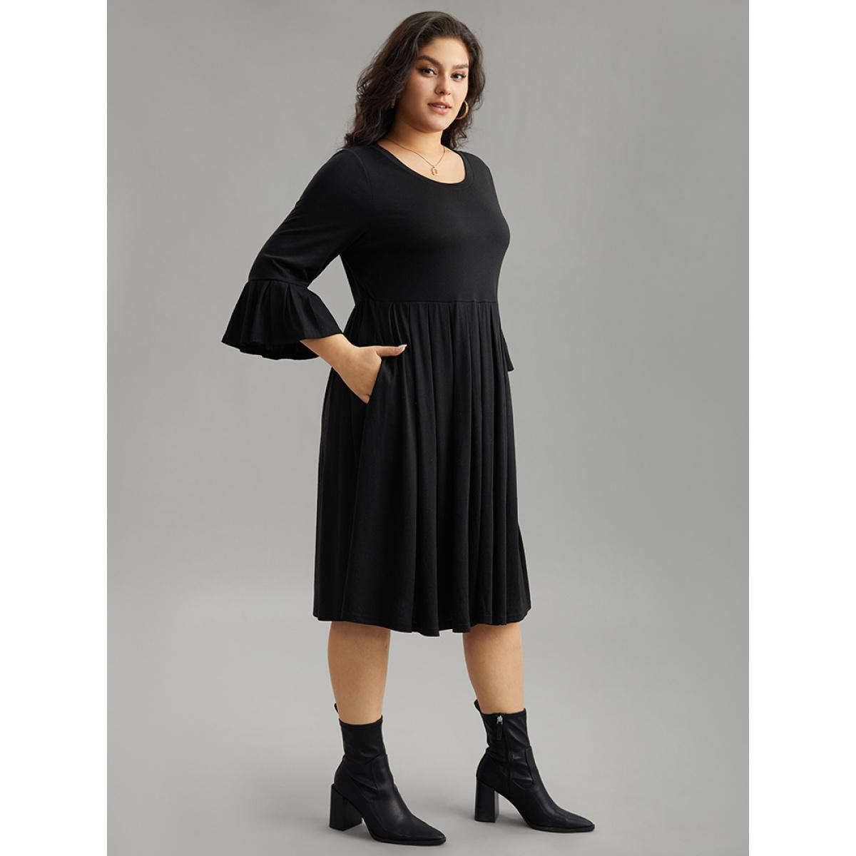 Plus Size Supersoft Essentials Solid Ruffles Pleated Dress Black Women Casual Pleated Round Neck Elbow-length sleeve Curvy Midi Dress BloomChic 28/5X Product Image