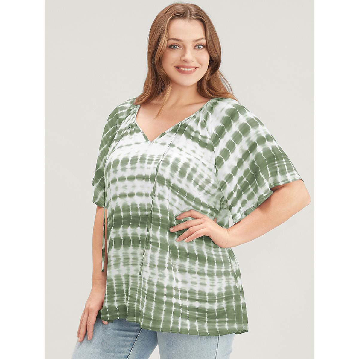 Plus Size Sage Tie Dye Raglan Sleeve Tie V Neck Blouse Women Vacation Short sleeve V-neck Dailywear Blouses BloomChic 22-24/3X Product Image