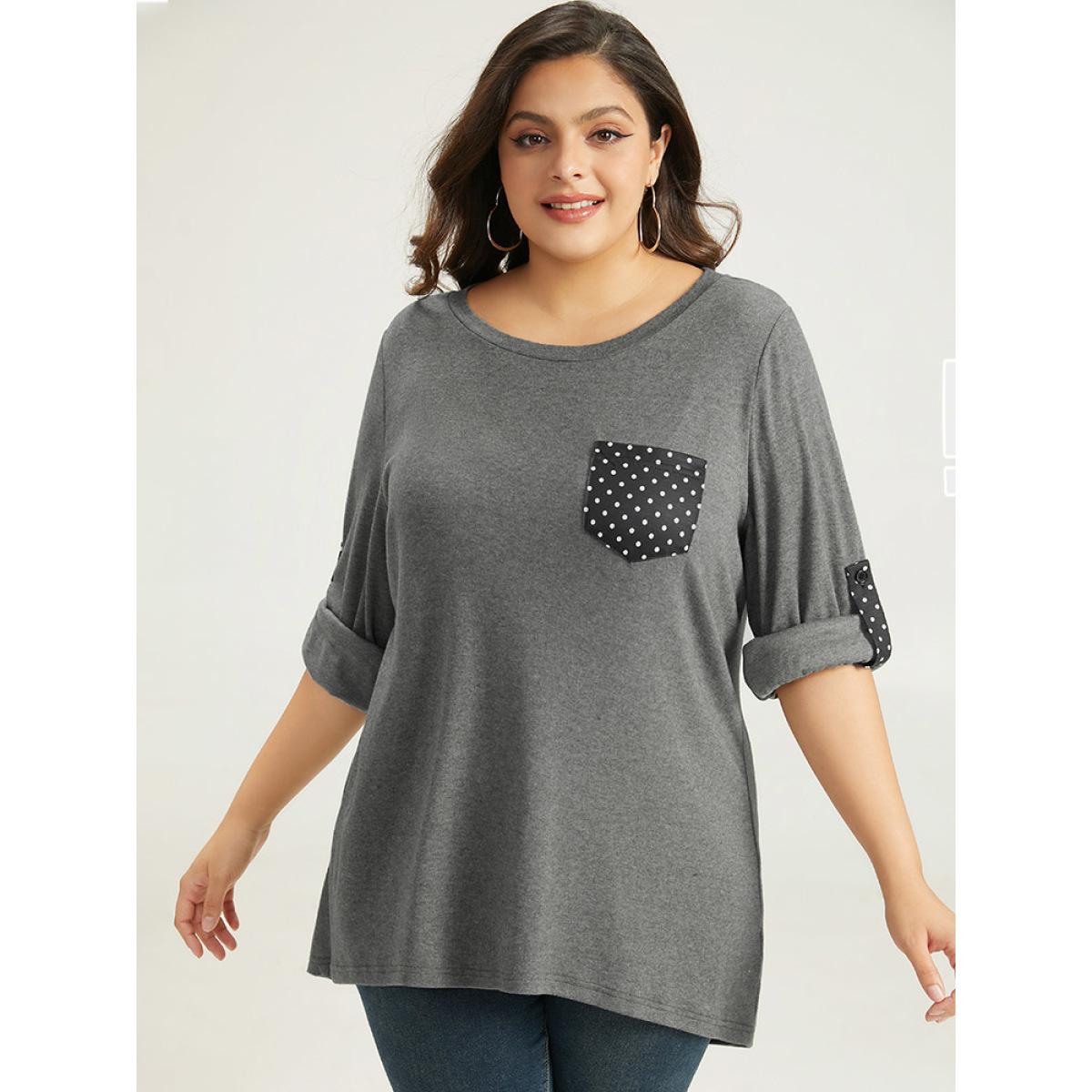 Plus Size Polka Dot Patched Pocket Tab Sleeve T-shirt DimGray Women Casual Contrast Polka Dot Round Neck Dailywear T-shirts BloomChic 12/L Product Image