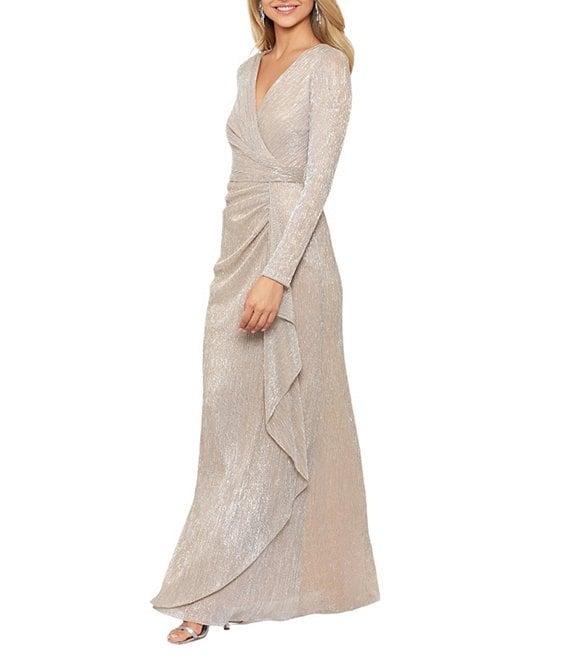 Betsy & Adam Metallic Knit V-Neck Long Sleeve A-Line Gown Product Image