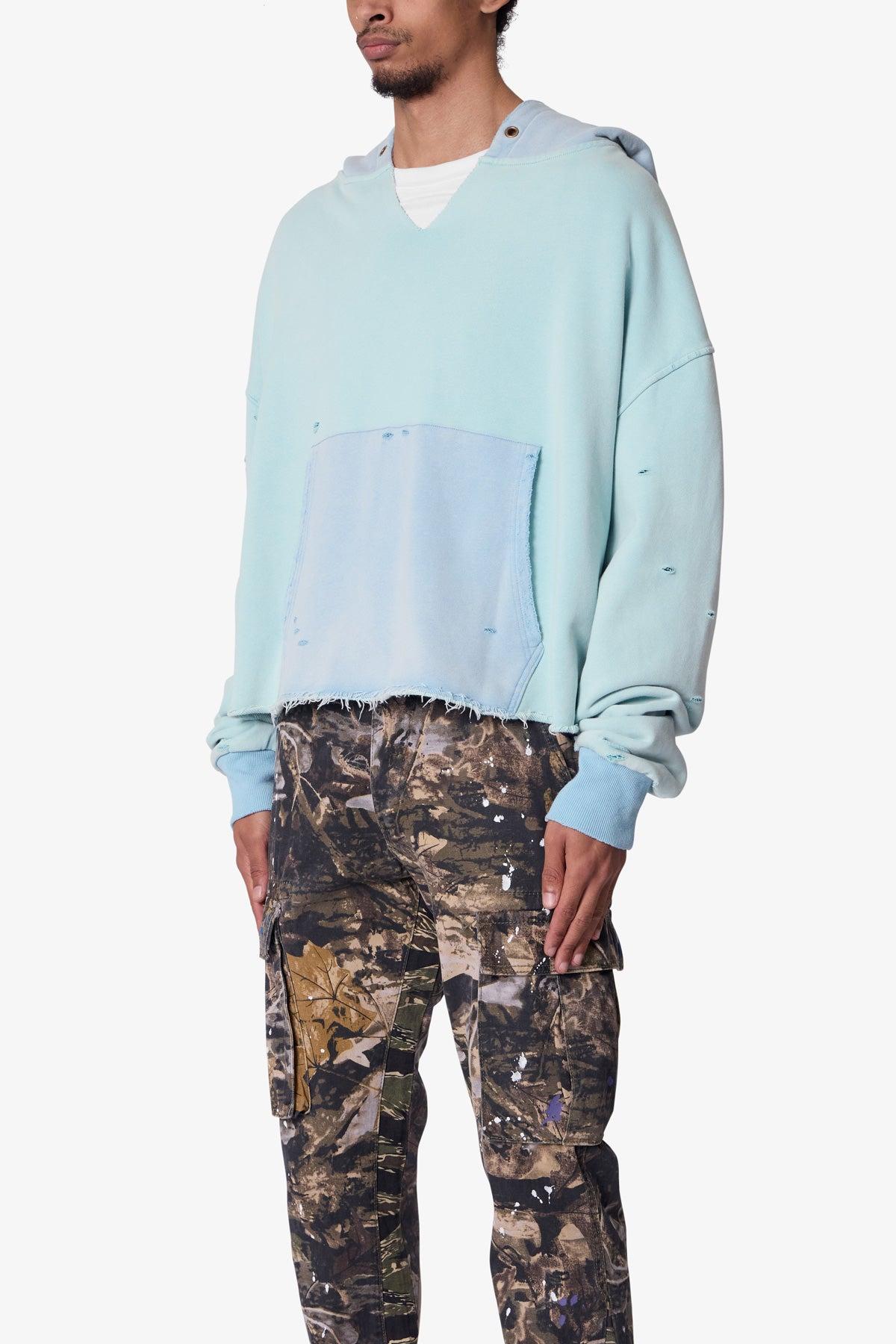 Destroyed V Neck Hoodie - Light Blue Product Image