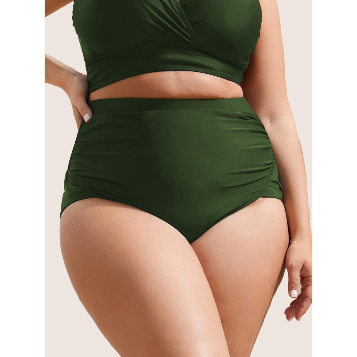 Plus Size Plain Patchwork Ruched Swim Bottom Women's Swimwear ArmyGreen Resort Non High stretch Skinny High Rise Curve Swim Bottoms BloomChic 22-24/3X Product Image