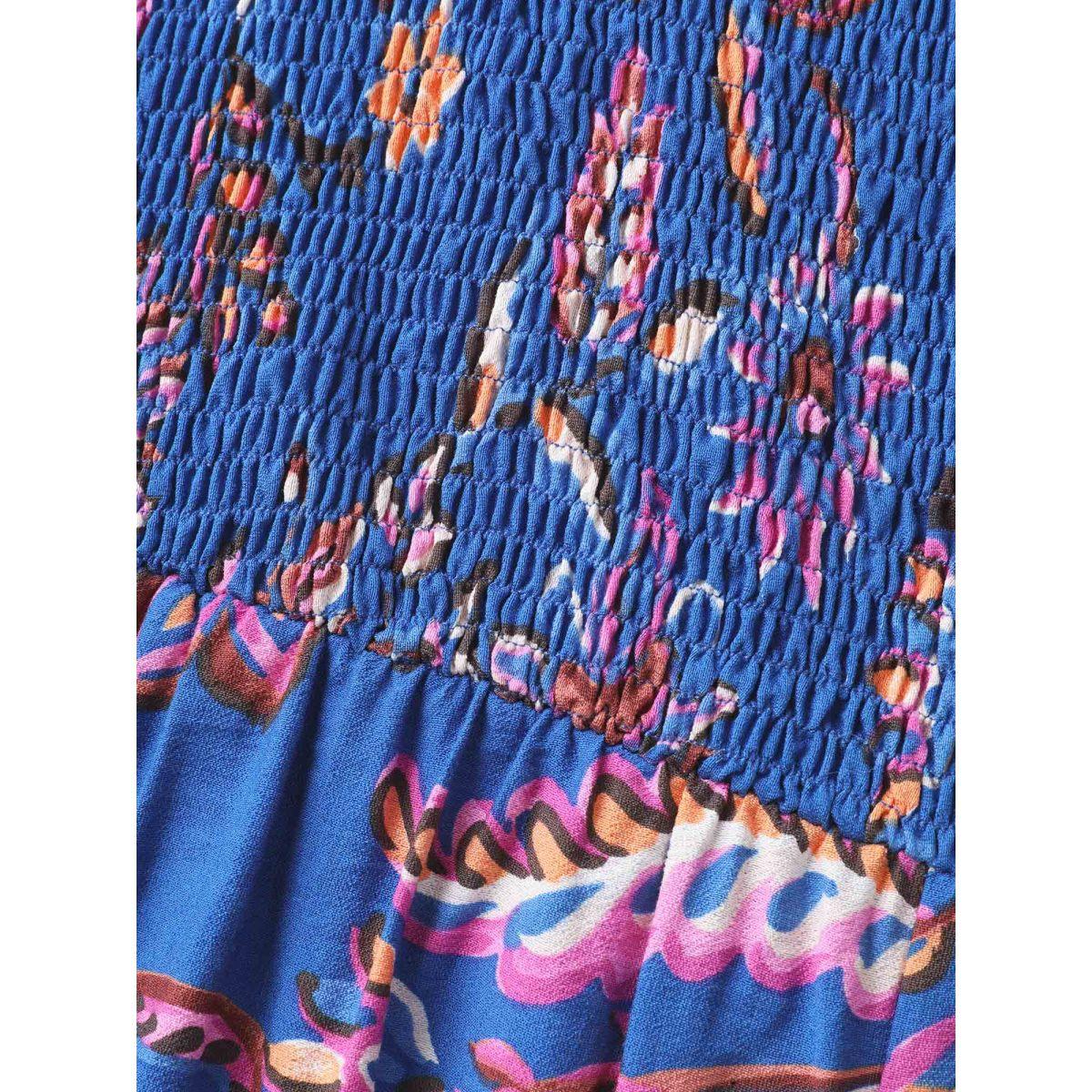 Plus Size DarkBlue Floral Shirred Bodice Pockets Jumpsuit Women Boho Cap Sleeve Round Neck Vacation Loose Jumpsuits BloomChic 22-24/3X Product Image