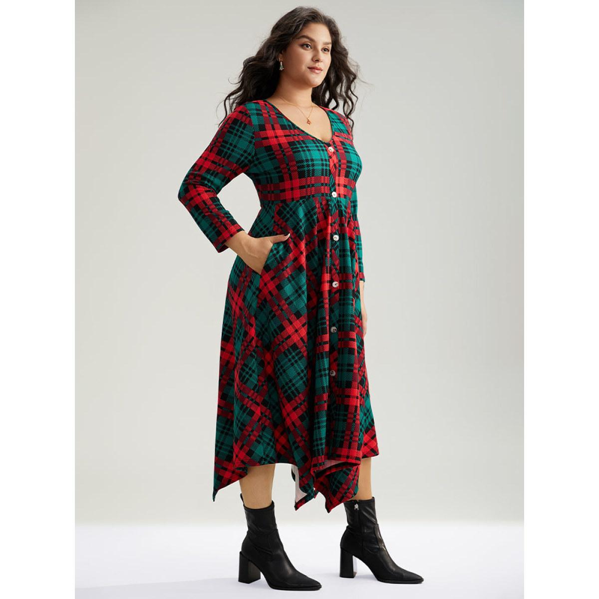 Plus Size Christmas Plaid Button Detail Hanky Hem Dress DarkGreen Women Casual Printed V-neck Long Sleeve Curvy Midi Dress BloomChic 10/M Product Image