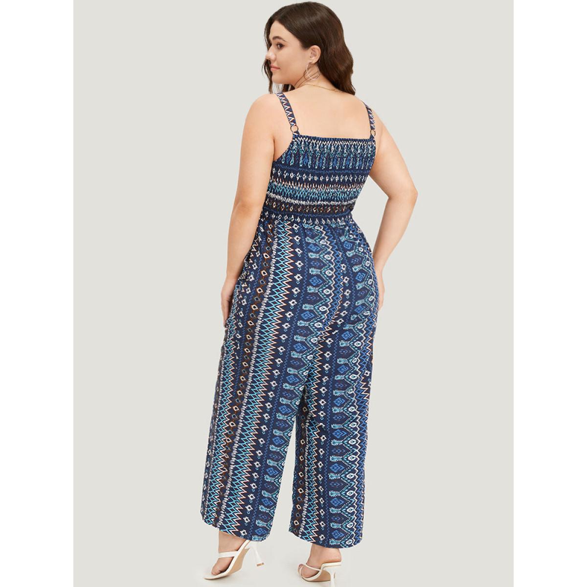 Plus Size DarkBlue Boho Print Shirred Pocket Elastic Wais Ruffle Trim Cami Jumpsuit Women Elegant Sleeveless Spaghetti Strap Dailywear Loose Jumpsuits BloomChic 14-16/1X Product Image